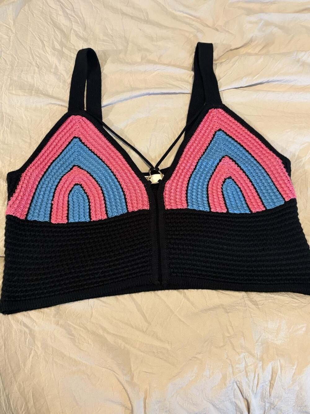 Madden NYC Crochet Tank Top Size XL Black Pink Blue Heart Ring Festival Crop